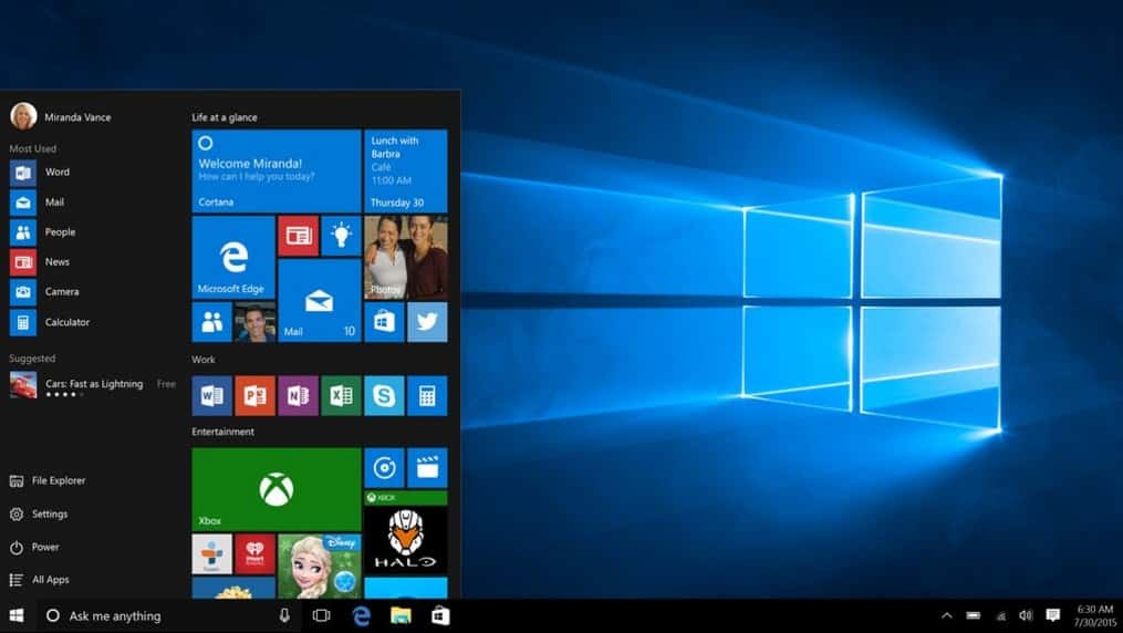 Trente ans séparent l’image de l’écran d’accueil de Windows 1.0 en une de cet article et cette capture de l’interface de Windows 10 sorti cet été. © Microsoft