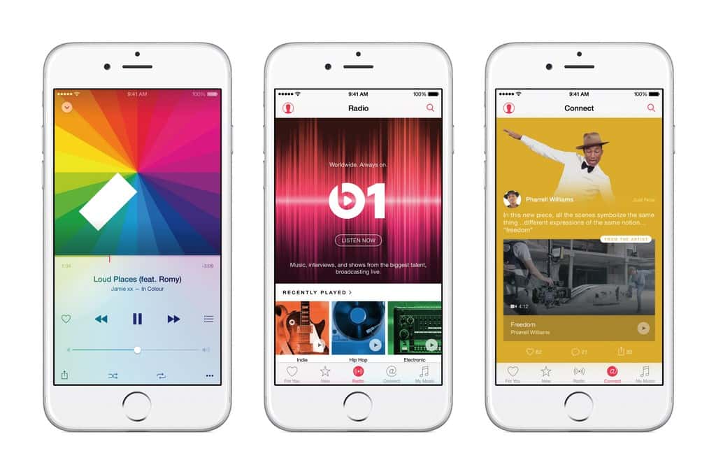 Le nouveau service d’écoute de musique en streaming Apple Music sera disponible à partir du 30 juin sur iPhone (iOS 8.4), Mac et PC puis, à l’automne, sur les mobiles Android. © Apple
