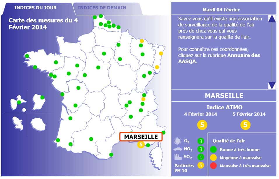 Sur le site d'<a href="http://www.atmo-france.org/fr/index.php?/2008052269/aujourd-hui-en-france/id-menu-233.html" title="Cliquer ici pour connaître la carte du jour" target="_blank">Atmo France</a>, vous pouvez consulter la carte du jour actuel. En déplaçant le curseur sur les villes, on obtient, comme pour Marseille à l'image, l'indice Atmo général et pour chaque polluant. © Capture d'écran, www.atmo-france.org