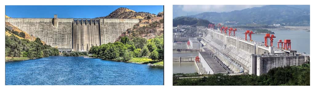 À gauche, le barrage Pine Flat et son lac, l'un des plus grands réservoirs de Californie. Long de 560 mètres pour 130 mètres de haut. © David Seibold, CC by-nc 2.0 À droite, le barrage des Trois Gorges en Chine. Longueur 2.335 mètres, hauteur 185 mètres, superficie 1.542 Km<sup>2.</sup> © Christoph Flinköss, CC by 2.0