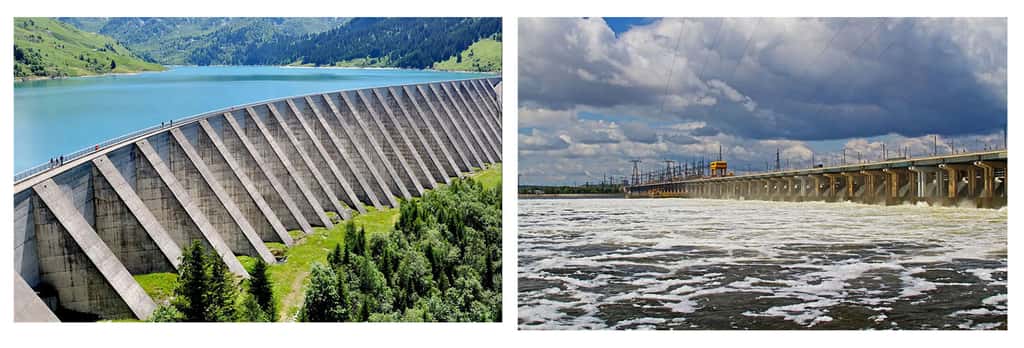À gauche, le barrage de Roselend en Savoie. © coco, Fotolia. À droite, le barrage de Volgograd est construit sur la Volga en Russie. © Yulyao, Fotolia