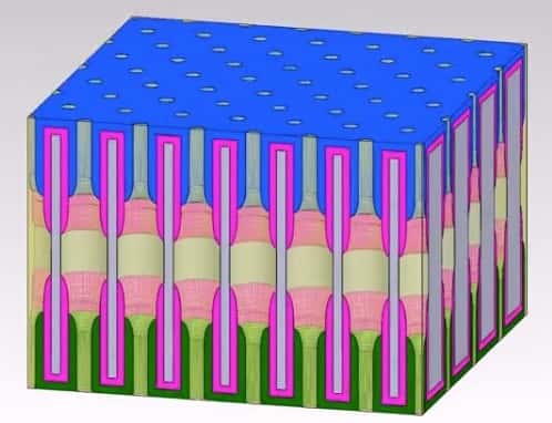 Chaque nanopore de la structure agit comme une mini-batterie, car il contient une solution électrolyte avec une cathode et une anode à ses extrémités. Les chercheurs disent avoir d’ores et déjà identifié les axes de développement pour rendre la prochaine version dix fois plus puissante. © <em>University of Maryland NanoCenter</em>