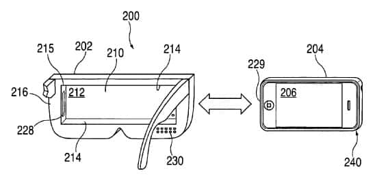 Le brevet qu’Apple vient d’obtenir pour des lunettes ou un casque de réalité augmentée évoque un emplacement pour recevoir l’iPhone ou un iPod. © Apple, USPTO