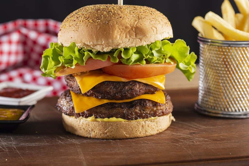 Le double cheeseburger (avec un buns + 2 steaks cuits de 100 g et 2 tranches de 20 g de fromage + tranches de tomates, cornichons, oignons, salade + sauce spéciale) pèse 11.900 g d’équivalent CO<sub>2</sub>. © amiraxgelcola, Pixabay, DP