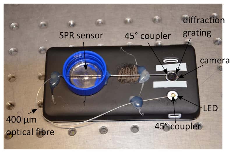 Le prototype du capteur optique à résonance plasmonique de surface développé par l’université d’Hanovre. Un câble de fibre optique est relié par ses deux extrémités au capteur photo et au flash Led du smartphone. Une section de 10 millimètres dénudée et recouverte d’une couche argentée traverse le récipient dans lequel sont déposés les échantillons biologiques (sang, salive, urine…). L’analyse s'effectue ensuite en temps réel <em>via</em> une application mobile. © Kort Bremer, <em>Hanover Centre for Optical Technologies</em>