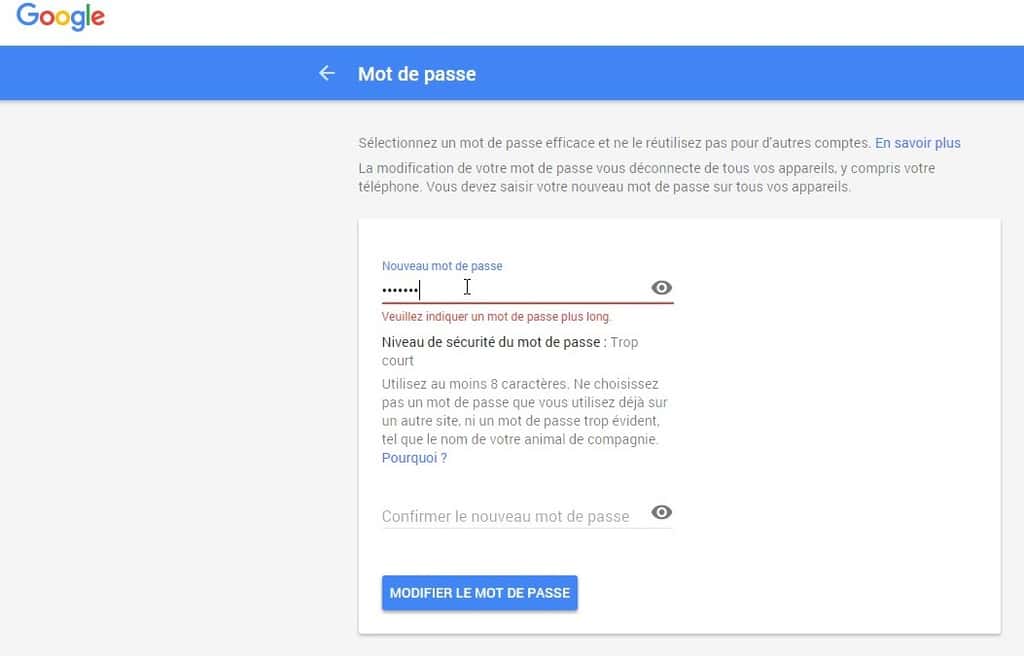 Une interface en ligne permet de modifier le mot de passe de GMail. © Google