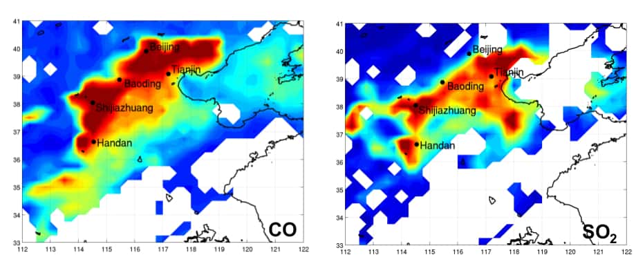 Distributions spatiales du CO et du SO<sub>2</sub> mesurées par le sondeur IASI/MetOp le 12 janvier 2013 au-dessus de la Chine. Du bleu au rouge, les couleurs indiquent des concentrations de polluants de plus en plus fortes. Les zones blanches correspondent à des nuages ou à l’absence de données. © Anne Boynard (Latmos-IPSL, CNRS, UPMC, UVSQ)