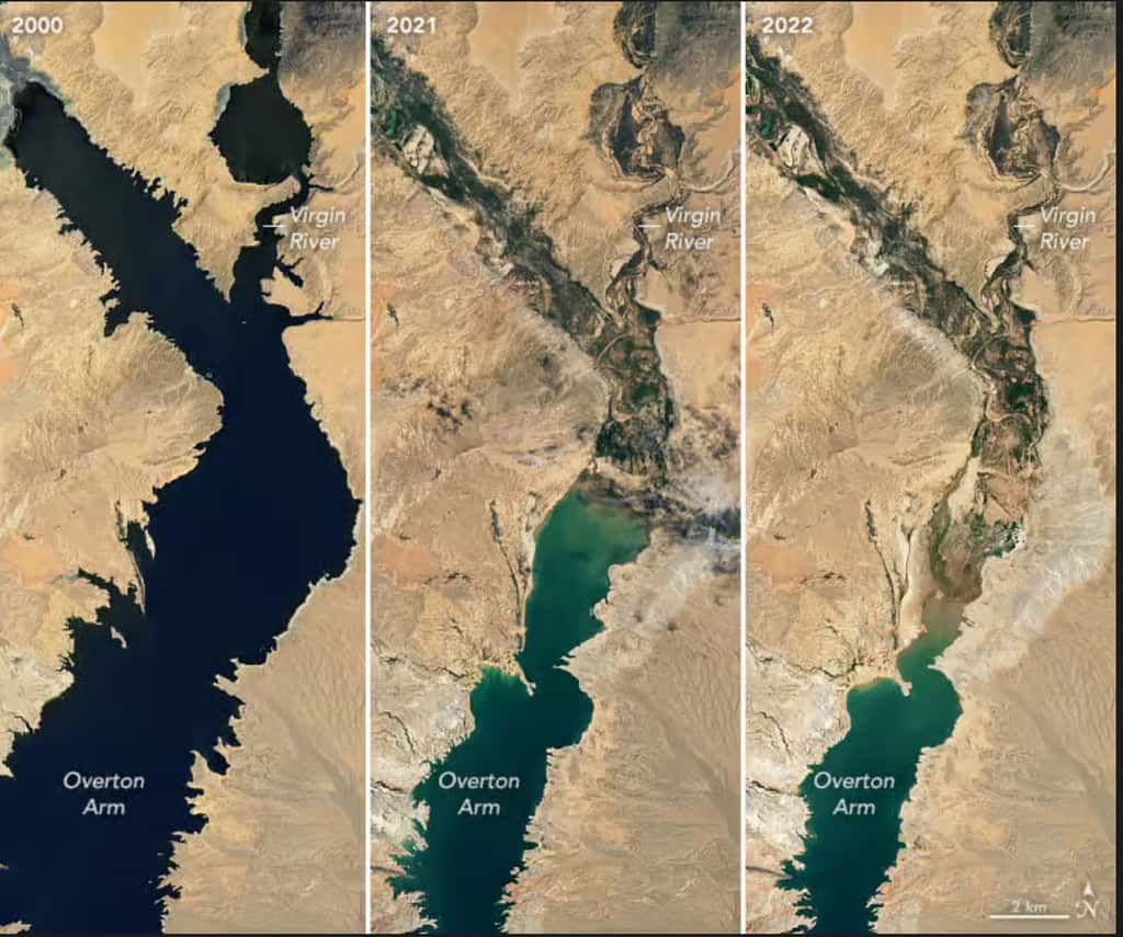 Le lac Mead, la plus grande réserve d’eau des États-Unis s’est considérablement asséché entre 2020 et 2022. © Nasa 