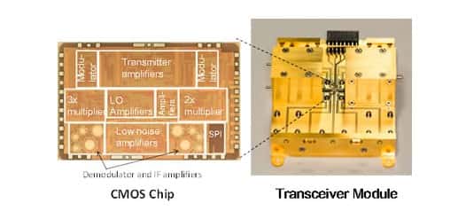 Pour créer un émetteur-récepteur sans fil à ondes millimétriques (<em>transceiver module</em>), Fujitsu et l’université de technologie de Tokyo ont fabriqué une puce électronique de type CMos (<em>CMOS chip</em>). © <em>Fujitsu Laboratories, Tokyo Institute of Technology</em>