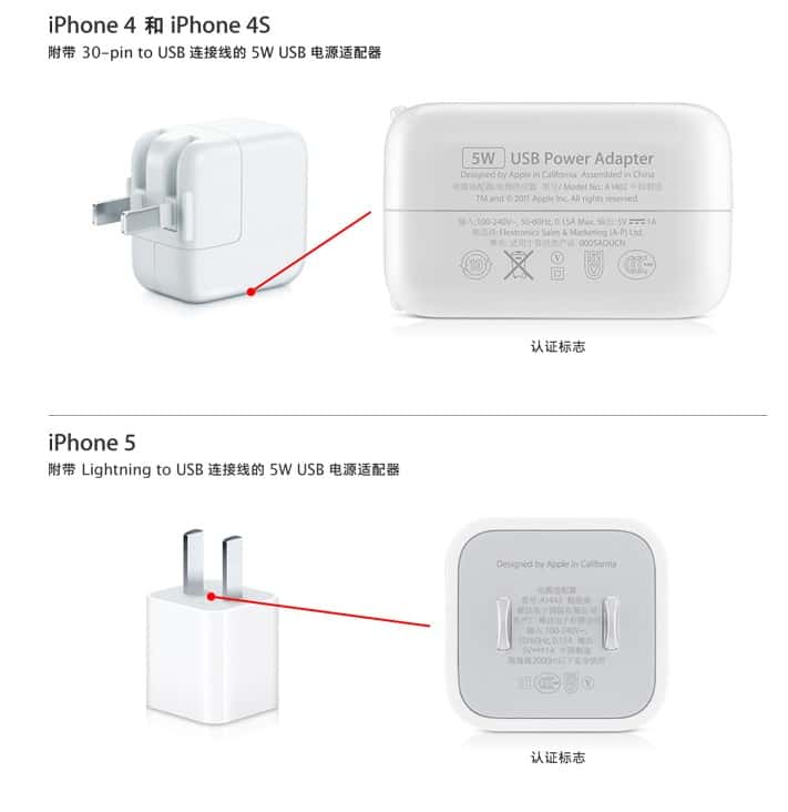 Sur son site officiel chinois, Apple montre les différents modèles d’adaptateurs secteur d’origine qu’il recommande d’utiliser avec tous ses terminaux iOS. © Apple