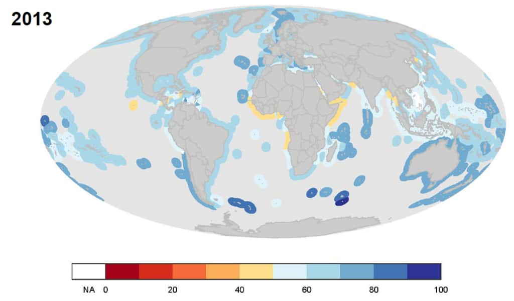 Les scores de l'indice de santé des océans sont présentés par pays (en rouge les moins bons et en bleu les meilleurs). Les calculs ont été réalisés pour 171 zones économiques exclusives, c'est-à-dire des aires maritimes sur lesquelles des États exercent des droits souverains. © <em>UC Santa Barbara</em>