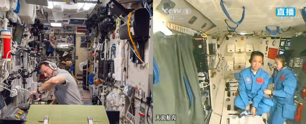 Comparaison de l'intérieur du module russe Zvezda de la Station spatiale internationale et du module chinois Tiangong-1. La Chine est maintenant prête pour mettre en place une petite station spatiale inhabitée. © Nasa, CCTV