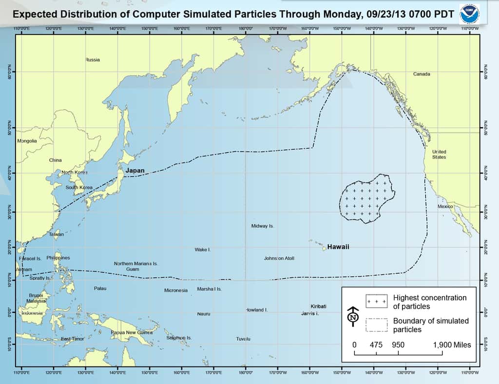 La carte présente les résultats des simulations numériques du modèle de distribution des débris du tsunami développé par la NOAA. Au nord-est d'Hawaï, on observe une zone où d'après le modèle il y aurait le plus de particules de débris. Si cette zone a la taille du Texas, le modèle ne suggère en aucun cas qu'il y aurait là une importante masse macroscopique de déchets. © NOAA