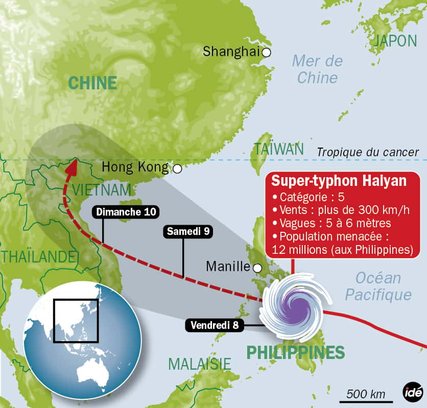 Le supertyphon Haiyan, appelé Yolanda sur place, est peut-être le plus intense à avoir frappé les terres. En quittant les Philippines, il devrait continuer sa trajectoire vers la ville de Hue au Vietnam. © idé