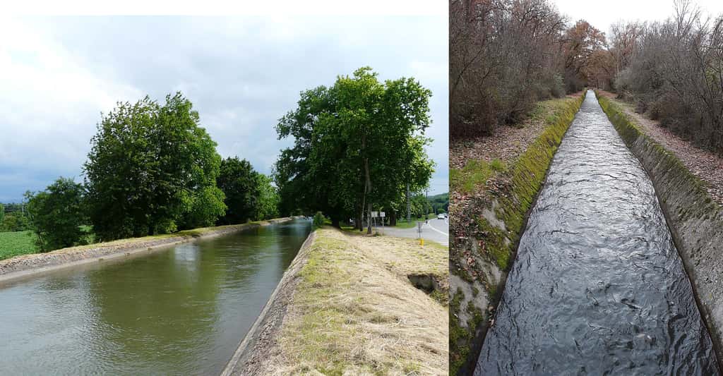 Ce canal court sur 71 km, de sa prise d’eau dans la Garonne à Saint-Martory jusqu’à Toulouse. Son débit maximum est de 10 m<sup>3</sup>/s. Depuis 1977, il alimente 150 km de canaux, 90 km de fossés et 220 km de rivières réalimentées. Il permet d’irriguer 10 000 hectares et fournit de l’eau potable à 200 000 personnes. © Père Igo,<em> Wikimedia Commons</em> 3.0, et Duch, <em>Wikimedia Commons</em>, 4.0