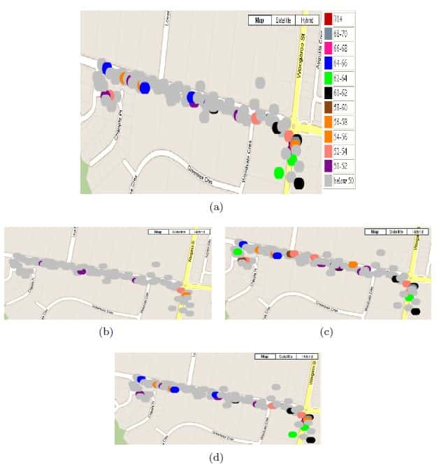 Ces différentes cartes montrent le processus de reconstitution de la pollution sonore à l’intersection d’une route. La carte (a) affiche les mesures de référence prises sur le terrain. La carte (b) montre une reconstitution effectuée avec 90 % des échantillons manquants, la (c) fait de même mais avec 50 % des échantillons manquants. Avec 30 % d’échantillons manquants, la carte (d) est la plus proche des valeurs de référence. © CSIRO
