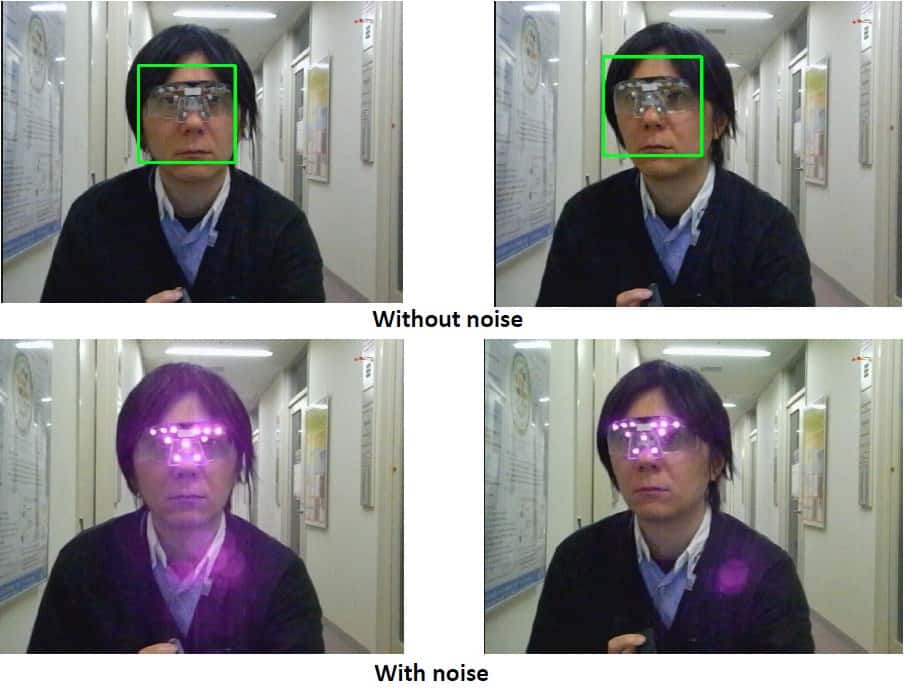 Le professeur Isao Echizen essaie la paire de lunettes équipée de Led à infrarouge proche. En haut, le système est désactivé et la reconnaissance faciale cadre le visage du chercheur. En bas, les Led sont allumées et provoquent un bruit lumineux qui bloque le système de détection. Cette lumière n’est pas visible par l’œil humain, mais elle est captée par certains appareils photo. © <em>National Institute of Informatics</em>, université Kogakuin