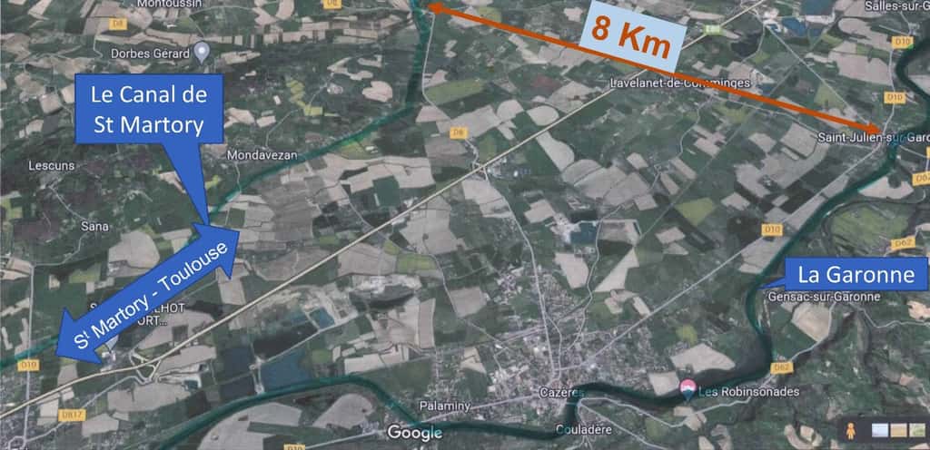 L’expérimentation menée par le BRGM avec le Réseau 31 et le département de la Haute-Garonne, concerne 100 Km<sup>2</sup> situés entre le canal de St-Martory et la Garonne et entre Cazères et Lavelanet de Comminges. © Travail personnel réalisé à partir de Google map. Bruno Parmentier 