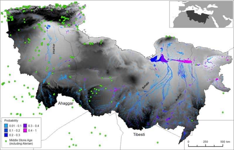 Probabilité simulée des eaux de surface au cours de la dernière période interglaciaire. En bleu ciel, les zones les moins probables, en fuchsia les zones les plus probables. © Tim Coulthard <em>et al.</em>, <em>Plos One</em>
