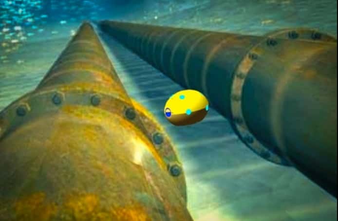 Cet extrait d’une animation vidéo montre comment le robot renifleur du MIT pourrait progresser sous l’eau et scanner les soutes d'un navire à travers la coque à l’aide d’un émetteur ultrasons. Le but est de détecter des caches de drogue ou d’autres produits de contrebande. © MIT