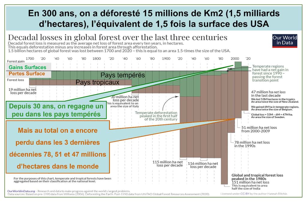 Même maintenant l’humanité ne « p<em>eut pas s’empêcher de déforester</em> », une pratique devenue massive depuis les années 1920. On s’améliore néanmoins peu à peu, sans encore arriver à refaire croître le nombre d’arbres dans le monde. © <a href="https://commons.wikimedia.org/wiki/File:Long-term-forest-loss-%E2%80%93-Marimekko.png" target="_blank">Our world dating</a>