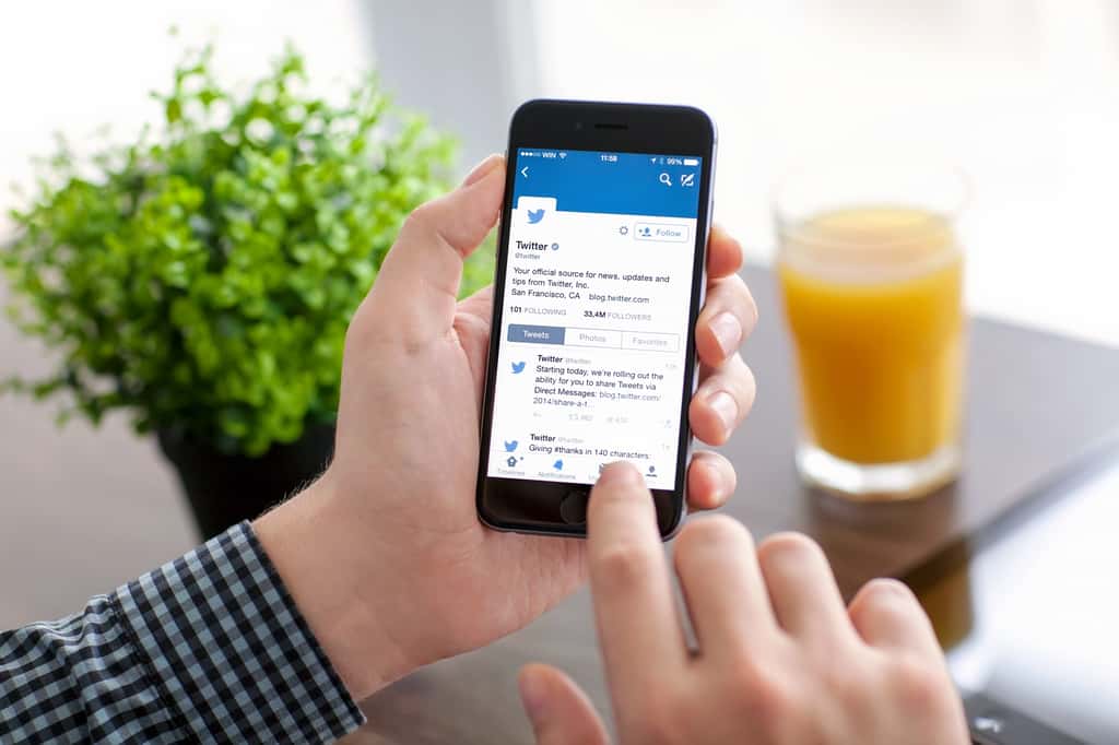 Twitter nécessite la création d'un compte personnel qui sera identifié par un nom, ou un pseudonyme, précédé d’une arobase (@+nom). Ce réseau social permet d'envoyer de courts messages appelés « tweets ». © Denys Prykhodov, Shutterstock