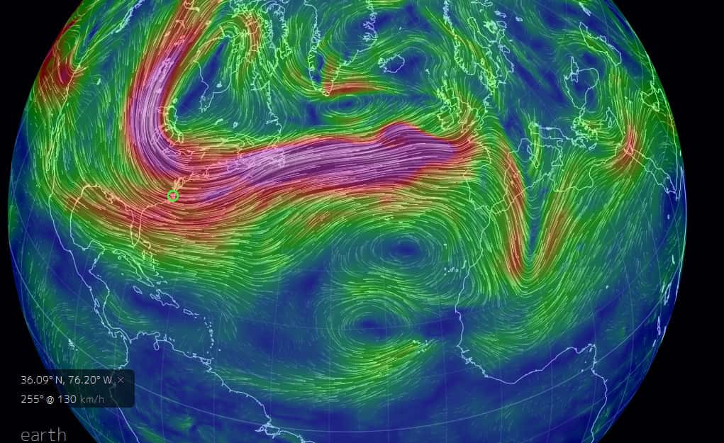 Sur cette carte, on peut observer la vitesse des vents à 500 hPa, le 27 février 2014. En violet, les régimes de vents les plus rapides mettent en évidence l’existence du courant-jet d’ouest en est entre 30 et 40° N. © <a href="http://earth.nullschool.net/" target="_blank">earth.nullschool.net</a> (capture d’écran)
