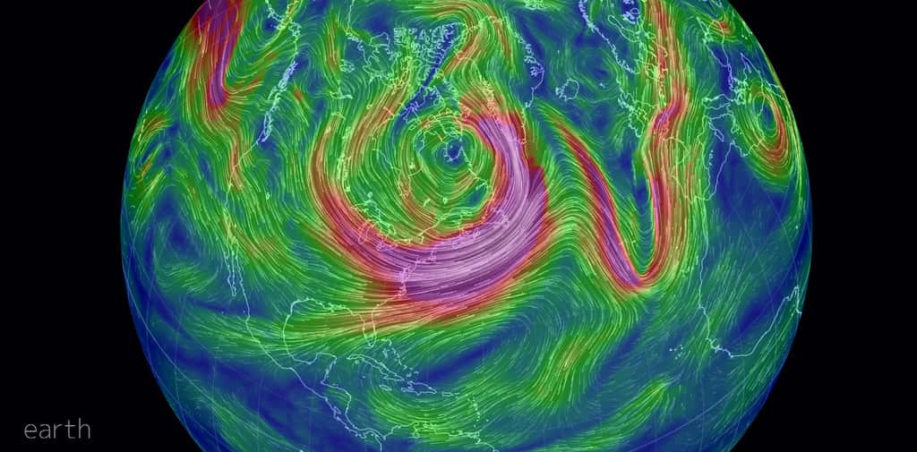 Sur cette carte, on peut observer la vitesse des vents à 500 hPa, observés le 7 janvier 2014, avec en violet les régimes de vents les plus rapides. Elle met en évidence le caractère sinusoïdal des vents en haute atmosphère. © Capture écran, <a href="http://earth.nullschool.net" target="_blank">http://earth.nullschool.net</a>