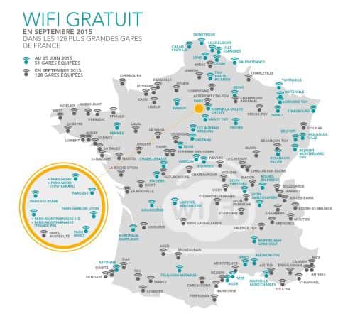 Voici la carte des 128 gares SNCF de l’Hexagone qui proposeront un accès Internet Wifi gratuit fin septembre. © SNCF