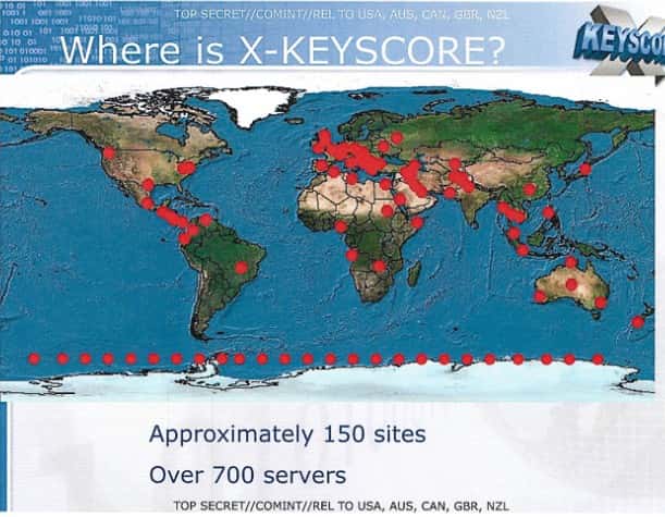 Sur cette carte du monde, les points rouges représentent les 700 serveurs du programme XKeyscore qui sont répartis sur 150 sites. © NSA, <em>The Guardian</em>, DR