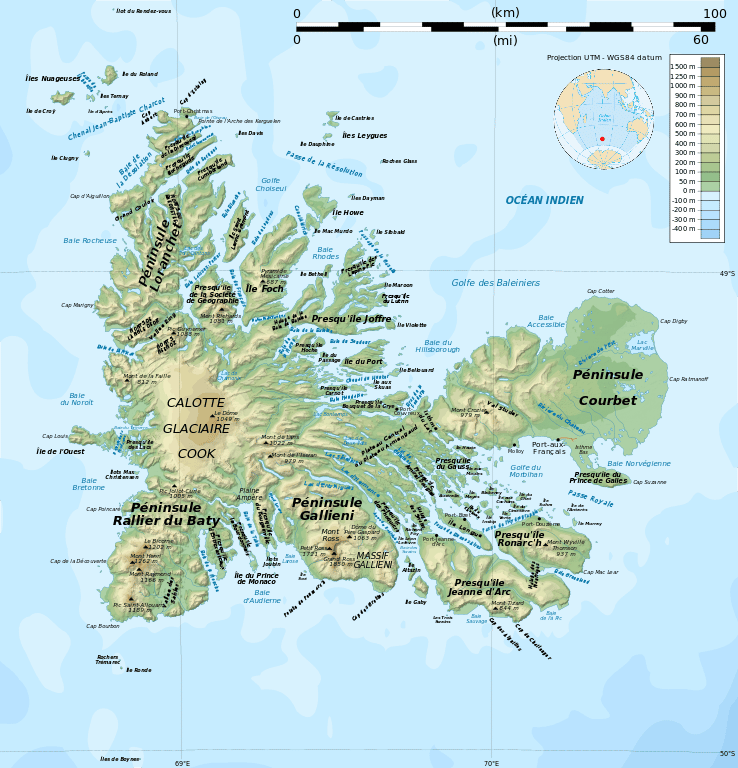 Carte topographique des îles Kerguelen. © Rémi Kaupp, <em>Wikimedia commons</em>, CC 4.0 international