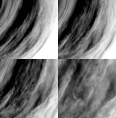 Quatre images prises par Virtis le 24 septembre 2006 dans le proche infrarouge (1,7 micron) montrant les basses couches atmosphériques. © ESA