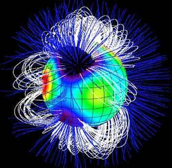 Lignes de champ magnétique autour de l'étoile <em>tau Scorpii</em>. En bleu, les lignes de champ ouvertes qui permettent au flot de particules du vent stellaire de s'échapper vers l'espace. En blanc, les boucles de champ fermées qui les maintiennent captifs de l'étoile. © CNRS