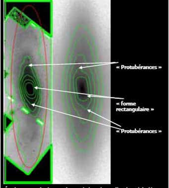 Étude comparée des isophotes de la galaxie d'Andromède (à gauche) et d'un modèle de galaxie barrée (à droite). La forme rectangulaire visible au centre des deux images ainsi que les protubérances asymétriques sont caractéristiques des galaxies barrées.