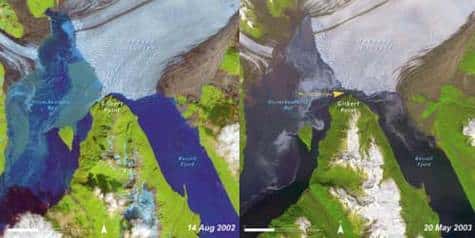 Recul du glacier Hubbard entre août 2002 et mai 2003