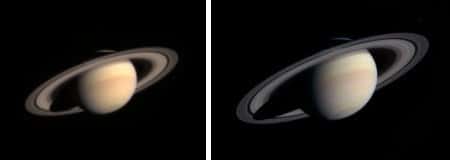 À gauche : Saturne à 258 millions de km, le 21 octobre 2002. À droite : Saturne à 111,4 millions de km, le 9 novembre 2003. © Nasa, JPL