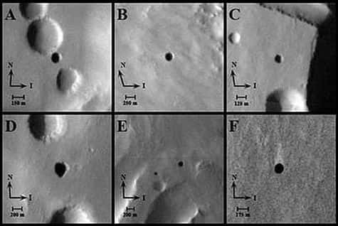 Les sept cavernes identifiées sur le sol martien par Mars Odyssey.