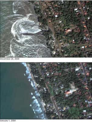 Le 26 décembre 2004, un tremblement de terre de magnitude extrême engendrait le tsunami qui provoqua ses dégâts les plus importants sur l'île de Sri Lanka. En haut : les dévastations dans la région de Kalutara (photo prise par le satellite DigitaGlobe's Q