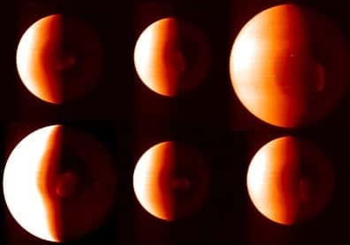 Image composite présentant six clichés infrarouges pris entre le 12 et le 19 avril 2006, à différentes distances, par l'instrument VIRTIS de Vénus Express Le double vortex est situé au centre des images, dans la zone sombre(Crédits : ESA/VIRTI
