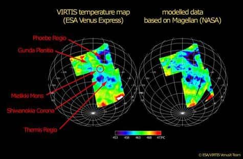 Carte des températures à la surface de Vénus. Crédit ESA / VIRTIS.