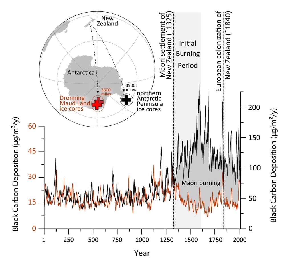 © Ici en rouge, les dépôts de noir de carbone mesurés dans les carottes de glace de Dronning Maud Land dans l’Antarctique continental et en noir, ceux de l’île James Ross à la pointe nord de la péninsule. La modélisation atmosphérique et les enregistrements de brûlage locaux indiquent que l’augmentation observée à partir de 1 300 est liée à l’établissement des Maoris en Nouvelle-Zélande à près de 6 500 kilomètres de là et à leur utilisation du feu pour le défrichement et la gestion des terres. <em>© Desert Research Institute</em>