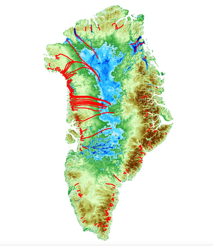 Sur la côte nord-ouest du Groenland, la fonte des glaciers « en pente douce » pourrait entraîner un amincissement de la calotte jusqu’à 250 kilomètres à l’intérieur des terres. © Denis Felikson, <em>Goddard Space Flight Center</em>, Nasa