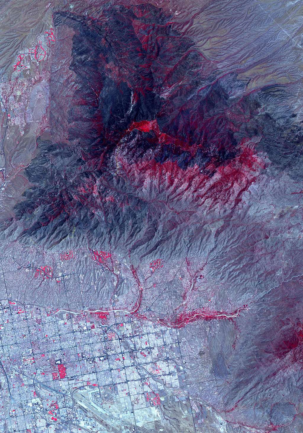 Sur cette image du radiomètre avancé d’émission et de réflexion thermiques spatiales (Aster) embarqué à bord du satellite Terra de la Nasa, les zones brûlées apparaissent en gris foncé et la végétation en rouge. © Nasa