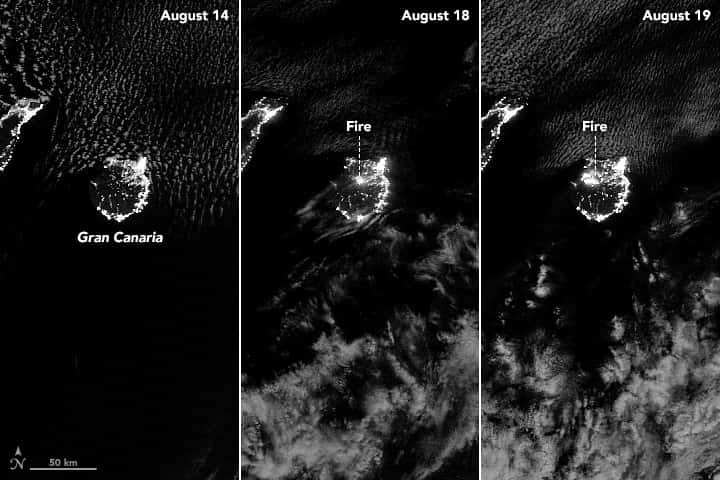 Sur cette image, on découvre des images de l’incendie vu depuis l’espace, de nuit. Les lumières sur les côtes sont celles qui émanent des zones habitées. © <em>Earth Observatory</em>, Nasa