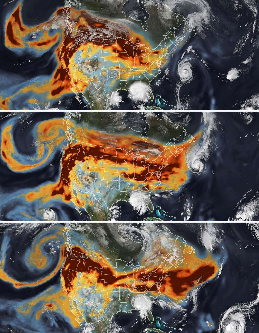 En septembre 2020, les satellites de la Nasa ont saisi des images stupéfiantes des fumées des incendies (en couleurs chaudes sur les images) qui brûlaient alors la côte ouest des États-Unis pris dans les tourbillons de deux ouragans : Paulette (en haut à droite de la 2<sup>e</sup> image) et Sally (en bas au centre de la 2<sup>e</sup> image). © <em>Nasa Earth Observatory</em>