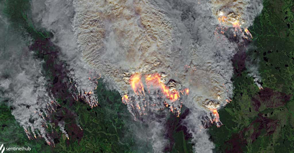 Les incendies au cœur du cercle polaire, le 20 juillet 2020, vus par les satellites Copernicus Sentinel. © Pierre Markuse, Flickr, CC by-2.0