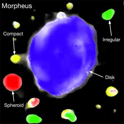 En haut, une image du télescope spatial Hubble. En bas, la même image traitée par Morpheus. Elle montre la classification rendue par l’intelligence artificielle. © Nasa, STScl, Ryan Hausen, Université de Californie