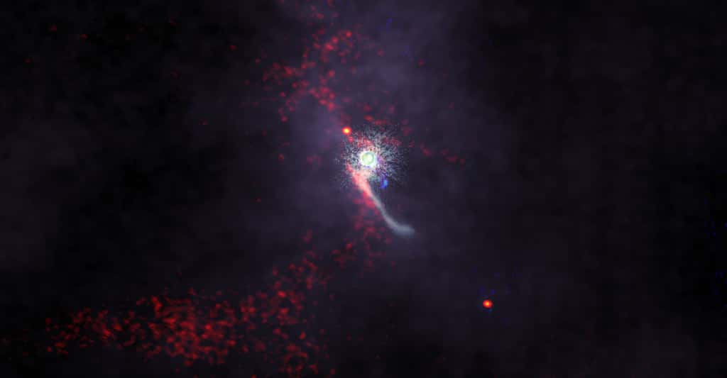 Pour la première fois, des chercheurs ont étudié à différentes longueurs d’onde, le passage d’un « intrus » dans un système stellaire et les perturbations qu’il a provoquées dans son disque protoplanétiare. © Alma&nbsp;(ESO/NAOJ/NRAO), S. Dagnello (NRAO/AUI/NSF), NAOJ