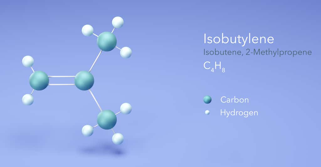L’isobutène est aussi appelé isobutylène. La molécule est composée de carbone (C) placé en étoile et d’hydrogène (H). Avec une double liaison précieuse pour l’industrie de la chimie. © Сергей Шиманович, Adobe Stock