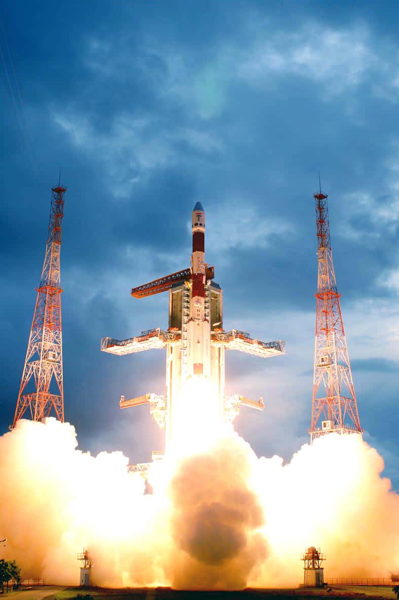 Lancement de Chandrayaan-1 en octobre 2008, première sonde d'exploration lunaire indienne. Crédit Isro